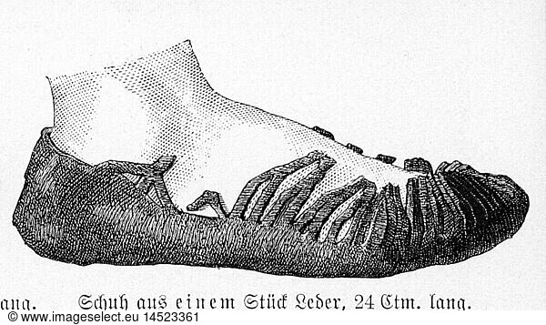 SG hist.  Mode  Schuhe  Lederschuh  gefunden im Moor  Uetersen  nach Ludwig Lindenschmit der Ã„ltere (1809 - 1893)  Xylografie  19. Jahrhundert