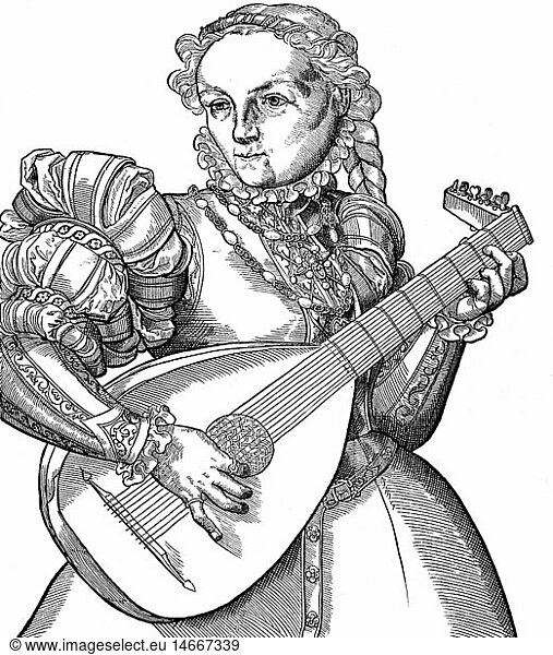 SG hist.  Musik  Instrumente  Zupfinstrumente  Laute  Lautenspielerin  Holzschnitt  16. Jahrhundert