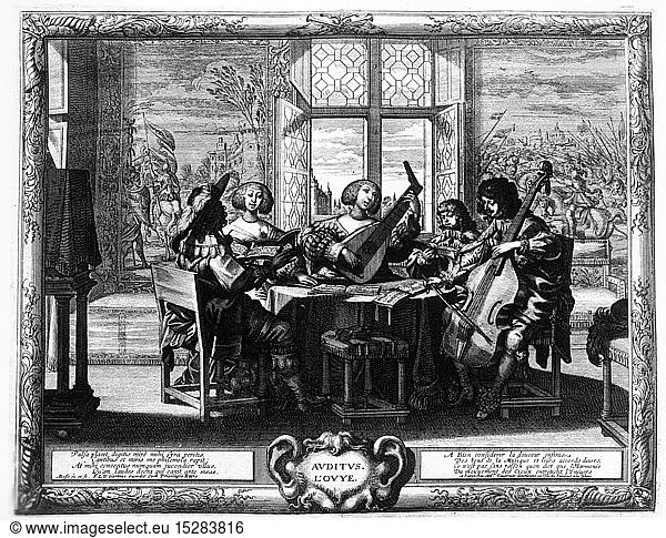 SG hist.  Musik  Kammermusik  Musikalische Gesellschaft  Kupferstich 'Das GehÃ¶r' von Abraham Bosse  1635