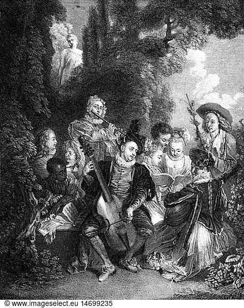 SG hist.  Musik  Konzerte  lÃ¤ndliches Konzert  Kupferstich von Benoit Audran nach GemÃ¤lde von Jean Antoine Watteau  1720