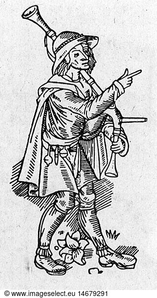 SG hist.  Musik  Musiker  Dudelsackpfeifer  Ganzfigur  Holzschnitt  16. Jahrhundert
