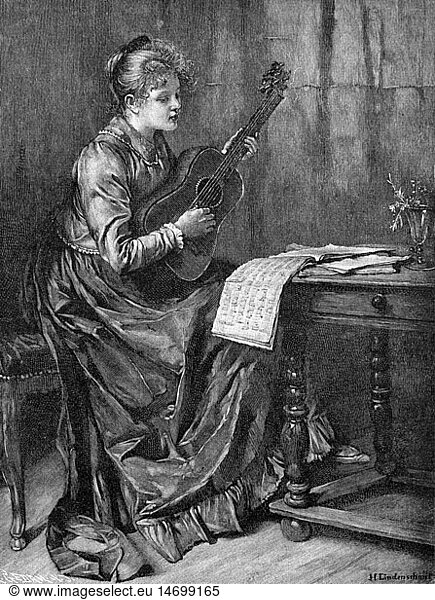 SG hist.  Musik  Musiker  Gitarristin  'Das Lied  das meine Mutter sang'  Xylografie  nach GemÃ¤lde von Hermann Lindenschmit  1902