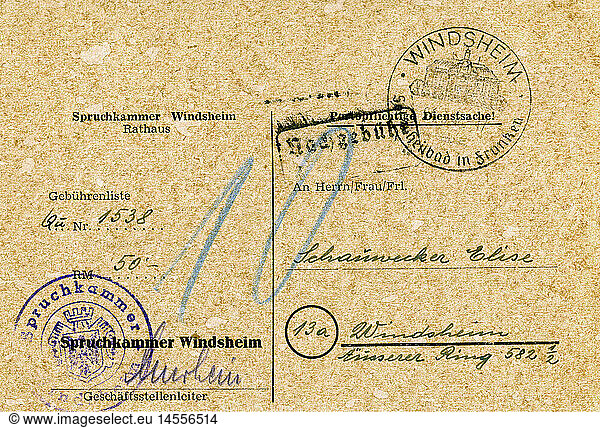 SG hist.  Nachkriegszeit  Entnazifizierung  Postkarte der Spruchkammer Windsheim an Elise Schauwerker  GebÃ¼hren Ã¼ber 50 Reichsmark  25.3.1948