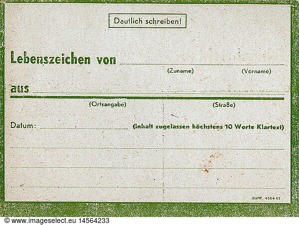 SG hist.  Nachkriegszeit  Suchdienst  Deutschland  Mitteilungskarte  1940er / 1950er Jahre