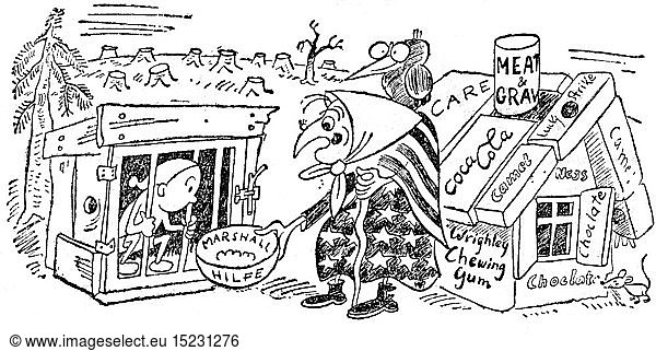 SG hist  Nachkriegszeit  Wiederaufbau  Marshallplan  Karikatur  'Na  HÃ¤nsel - noch immer nicht fett?'  Zeichung  Ostdeutschland  1948