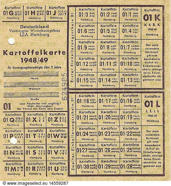 SG hist.  Nachkriegszeit  Wirtschaft  Kartoffelkarte  Hamburg  Deutschland  1948/49