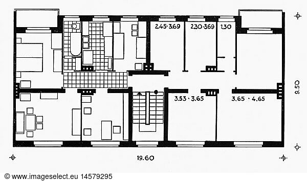 SG hist  Nationalsozialismus  Architektur  Deutschland  Berlin  Charlottenburg-Nord  GrundriÃŸ  3 1/2 Zimmer Wohnung  72 60 quadratmeter  Entwurf  StÃ¤dtisches Hauptplanungsamt  um 1938