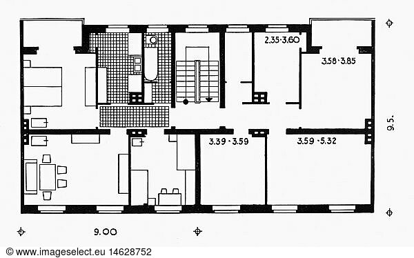 SG hist  Nationalsozialismus  Architektur  Deutschland  Berlin  Charlottenburg-Nord  GrundriÃŸ  3 Zimmer Wohnung  65 73 quadratmeter  Entwurf  StÃ¤dtisches Hauptplanungsamt  um 1938
