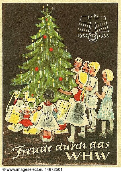 SG hist.  Nationalsozialismus  Organisationen  Winterhilfswerk  Spendenbeleg zu Weihnachten 1937 / 1938 mit dem Text : Freude durch das WHW '  OriginalgrÃ¶ÃŸe : breit 8 cm  hoch 11 cm.