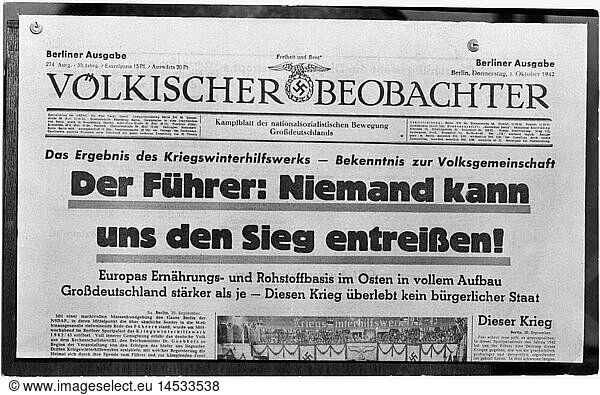 SG hist.  Nationalsozialismus  Presse  'VÃ¶lkischer Beobachter'  Nr. 247  Franz-Eher-Verlag  MÃ¼nchen  1.10.1942  Schlagzeile: 'Der FÃ¼hrer: Niemand kann uns den Sieg entreiÃŸen!'