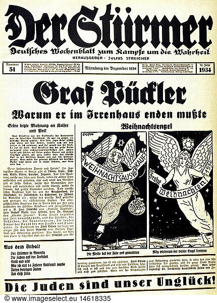 SG. hist.  Nationalsozialismus  Presse  Zeitung 'Der StÃ¼rmer'  Nr. 51  NÃ¼rnberg  Dezember 1934  Titelblatt  'Graf PÃ¼ckler'  Karikatur 'Weihnachtsengel von Fips SG. hist., Nationalsozialismus, Presse, Zeitung 'Der StÃ¼rmer', Nr. 51, NÃ¼rnberg, Dezember 1934, Titelblatt, 'Graf PÃ¼ckler', Karikatur 'Weihnachtsengel von Fips,