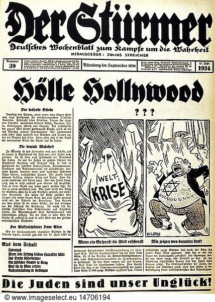 SG. hist.  Nationalsozialismus  Presse  Zeitung 'Der StÃ¼rmer'  Nr. 39  NÃ¼rnberg  September 1934  Titelblatt  'HÃ¶lle Hollywood'  Karikatur 'Weltkrise' von Fips SG. hist., Nationalsozialismus, Presse, Zeitung 'Der StÃ¼rmer', Nr. 39, NÃ¼rnberg, September 1934, Titelblatt, 'HÃ¶lle Hollywood', Karikatur 'Weltkrise' von Fips,