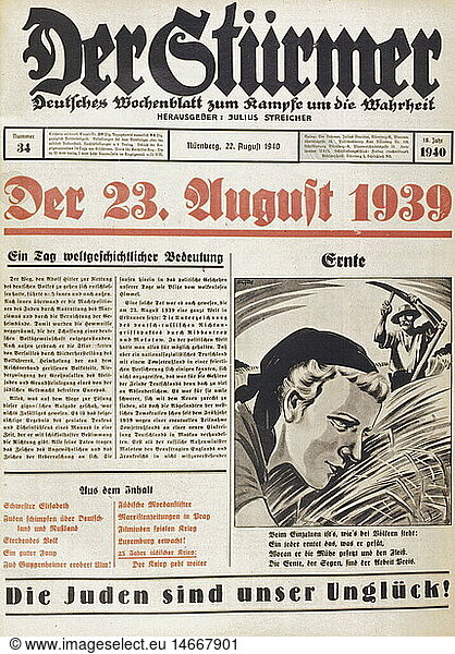 SG. hist.  Nationalsozialismus  Presse  Zeitung 'Der StÃ¼rmer'  Nr. 34  NÃ¼rnberg  22.8.1940  Titelblatt  'Der 23. August 1939' SG. hist., Nationalsozialismus, Presse, Zeitung 'Der StÃ¼rmer', Nr. 34, NÃ¼rnberg, 22.8.1940, Titelblatt, 'Der 23. August 1939',