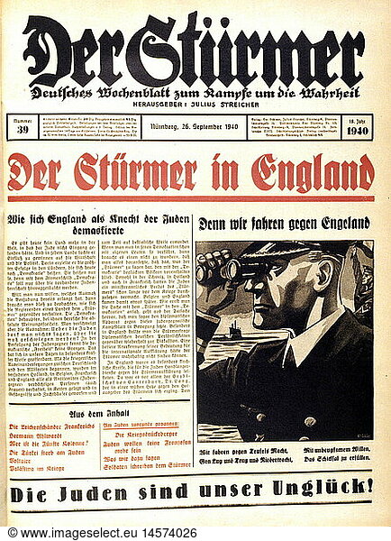SG. hist.  Nationalsozialismus  Presse  Zeitung 'Der StÃ¼rmer'  Nr. 39  NÃ¼rnberg  26.9.1940  Titelblatt  'Der StÃ¼rmer in England'  Zeichnung 'Denn wir fahren gegen Engeland' von Fips SG. hist., Nationalsozialismus, Presse, Zeitung 'Der StÃ¼rmer', Nr. 39, NÃ¼rnberg, 26.9.1940, Titelblatt, 'Der StÃ¼rmer in England', Zeichnung 'Denn wir fahren gegen Engeland' von Fips,