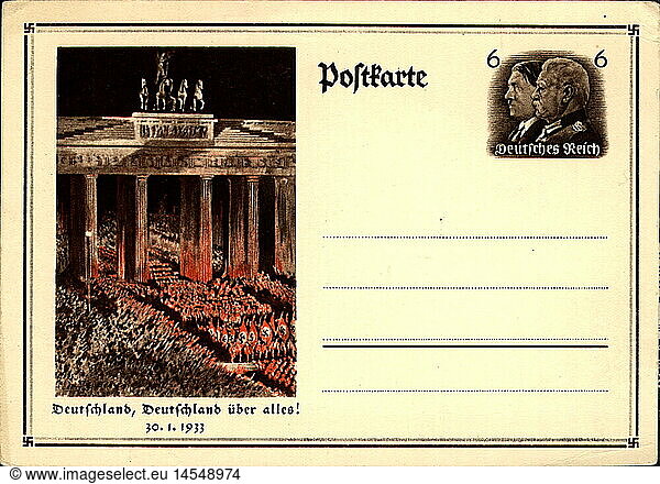 SG hist  Nationalsozialismus  Propaganda  Postkarte zum Andenken an die Ernennung von Adolf Hitler zum Reichskanzler am 30.1.1933 SG hist, Nationalsozialismus, Propaganda, Postkarte zum Andenken an die Ernennung von Adolf Hitler zum Reichskanzler am 30.1.1933,