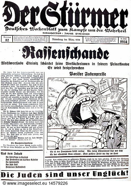 SG hist.  Nationalsozialismus  Propaganda  Presse  'Der StÃ¼rmer'  NÃ¼rnberg  MÃ¤rz 1934  'Rassenschande'  Karikatur: 'Pariser Judenpresse' SG hist., Nationalsozialismus, Propaganda, Presse, 'Der StÃ¼rmer', NÃ¼rnberg, MÃ¤rz 1934, 'Rassenschande', Karikatur: 'Pariser Judenpresse',
