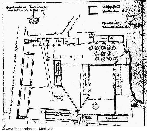 SG hist.  Nationalsozialismus  Verbrechen  Konzentrationslager  Neu-StaÃŸfurt  AuÃŸenlager 'Reh' des KL Buchenwald  Vorentwurf  Plan  Baracken in Wolmirsleben  1944