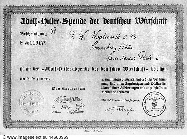 SG hist.  Nationalsozialismus  Wirtschaft  'Adolf-Hitler-Spende der deutschen Wirtschaft'  Bescheinigung ausgestellt auf Firma F.W.Woolworth  Sonneberg/ThÃ¼ringen  Berlin  Juni 1935