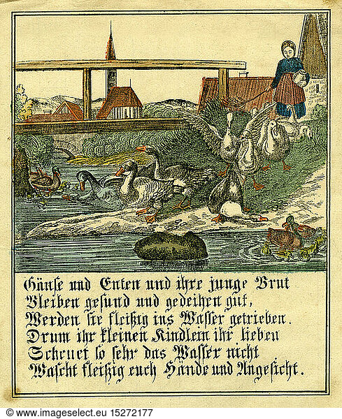 SG hist.  PÃ¤dagogik  Frau hÃ¼tet GÃ¤nse und Enten  treibt sie ins Wasser  Fluss  mit Sinnspruch fÃ¼r wasserscheue kleine Kinder  pÃ¤dagogische Ermahnung zum HÃ¤ndewaschen  Deutschland  um 1852