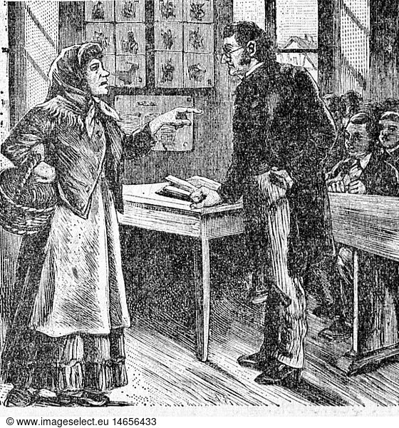 SG hist.  PÃ¤dagogik  Lehrer  Mutter eines SchÃ¼lers im GesprÃ¤ch mit dem Lehrer  Xylografie  19. Jahrhundert