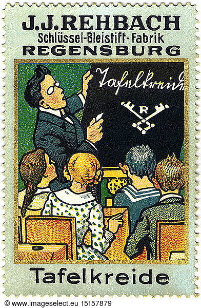 SG hist.  PÃ¤dagogik  Schule  Lehrer an der Tafel  Schulklasse  Reklamemarke  Werbung fÃ¼r Tafelkreide der Fa. Rehbach in Regensburg  Deutschland  um 1912