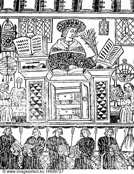 SG hist.  PÃ¤dagogik  UniversitÃ¤t  Vorlesung  Holzschnitt  aus Handbuch fÃ¼r Astronomie und Kalenderberechnung  Oxford  1519