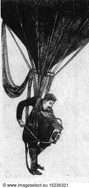 SG hist.  Photographie  Photographen  Fotograf an Ballon hÃ¤ngend  Xylografie  1889