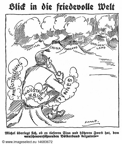 SG hist  Politik  Deutschland  Weimarer Republik  Karikatur  'Blick in die friedvolle Welt'  Zeichnung von Scharf  'Welt am Sonntag'  15.2.1925