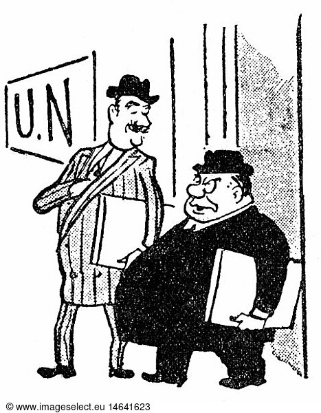 SG hist.  Politik  Internationale Organisationen  Vereinte Nationen  Karikatur  'Mit welcher Ausrede kÃ¶nnen wir das neue China anerkennen  wo es doch ein fortschrittlicher Staat ist?'  Zeichnung von Gabriel  London  wahrscheinlich 1949