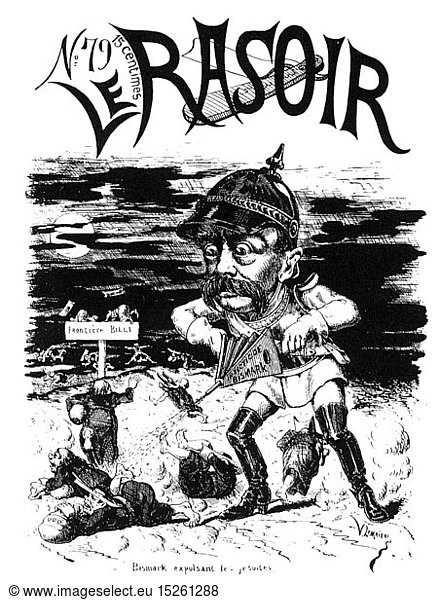 SG hist.  Politik  Kulturkampf  Jesuitengesetz  Karikatur  'Bismarck vertreibt die Jesuiten'  Zeichnung  Titel  'Le Rasoir'  BrÃ¼ssel  8.9.1872