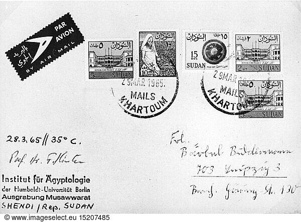 SG hist.  Post  Briefe  Spanien  Brief des Institut fÃ¼r Ã„gyptologie der Humboldt-UniversitÃ¤t  Ausgrabung Musawwarat  Shendi  Sudan  gestempelt in Khartum  29.3.1965