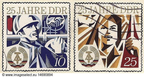 SG hist.  Post  Briefmarken  Deutschland  DDR  10 und 25 Pfennig Sondermarke '25 Jahre DDR'  1974