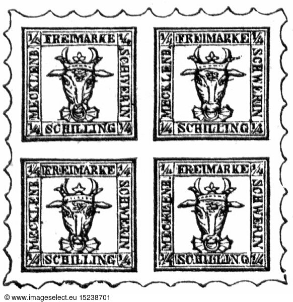 SG hist.  Post  Briefmarken  Deutschland  GroÃŸherzogtum Mecklenburg-Schwerin  4/4 Schilling Briefmarke  1856  Xylografie  19. Jahrhundert