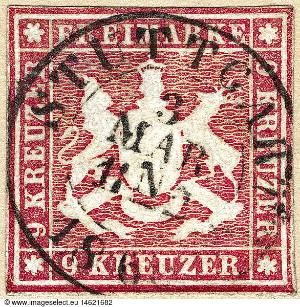 SG hist.  Post  Briefmarken  9 Kreuzer  gestempelt  KÃ¶nigreich WÃ¼rttemberg  3. MÃ¤rz 1860 SG hist., Post, Briefmarken, 9 Kreuzer, gestempelt, KÃ¶nigreich WÃ¼rttemberg, 3. MÃ¤rz 1860,