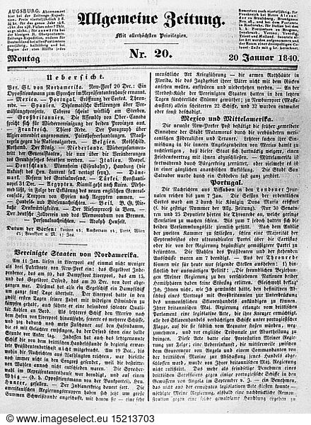 SG hist.  Presse  Zeitschriften  'Allgemeine Zeitung'  Titelseite  Nummer 20  Augsburg  20.1.1840