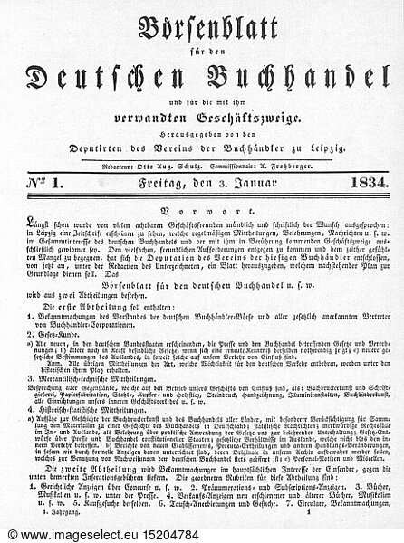 SG hist.  Presse  Zeitschriften  'BÃ¶rsenblatt fÃ¼r den deutschen Buchhandel'  Titelseite  Nummer 1  Leipzig  3.1.1834