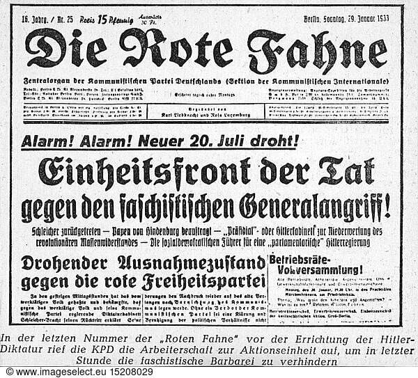 SG hist.  Presse  Zeitschriften  'Die Rote Fahne'  Titelseite  16. Jahrgang  Nummer 25  Berlin  29.1.1933