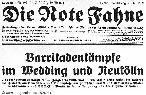 SG hist.  Presse  Zeitschriften  'Die Rote Fahne'  Titelseite  12. Jahrgang  Nummer 102  Berlin  2.5.1929
