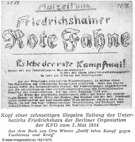 SG hist.  Presse  Zeitschriften  'Friedrichshainer Rote Fahne'  Titelseite  Berlin  1.5.1934