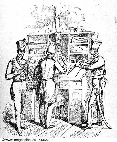 SG hist.  Presse  Zeitschriften  Karikatur  Zeitungsredaktion unter polizeilicher Aufsicht  Deutschland  1843