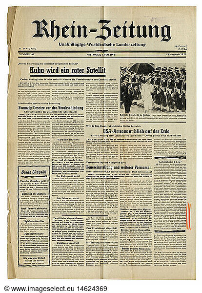 SG hist.  Presse  Zeitschriften/Magazine  'Rhein-Zeitung'  Koblenz  16. Jahrgang  Nummer 103  Mittwoch 3.5.1961  Titel  'Kuba wird ein roter Satellit'