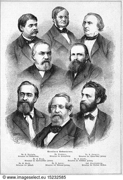 SG hist.  Presse  Zeitschriften  Portraits fÃ¼hrender Redakteure Berliner Zeitungen  Xylografie  von Neumann  aus: 'Die Gartenlaube'  Leipzig  1869