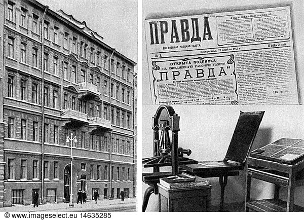 SG hist.  Presse  Zeitschriften  Prawda  RedaktionsgebÃ¤ude  Druckerpresse  Titelblatt  20. Jahrhundert