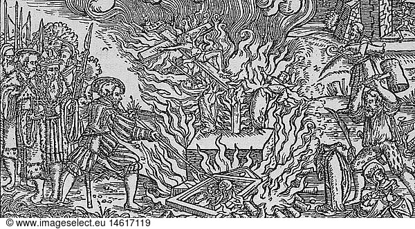 SG hist.  Reformation  BilderstÃ¼rmer  Protestanten verbrennen katholische Kruzifixe und Marienbilder  Holzschnitt  um 1525 SG hist., Reformation, BilderstÃ¼rmer, Protestanten verbrennen katholische Kruzifixe und Marienbilder, Holzschnitt, um 1525,