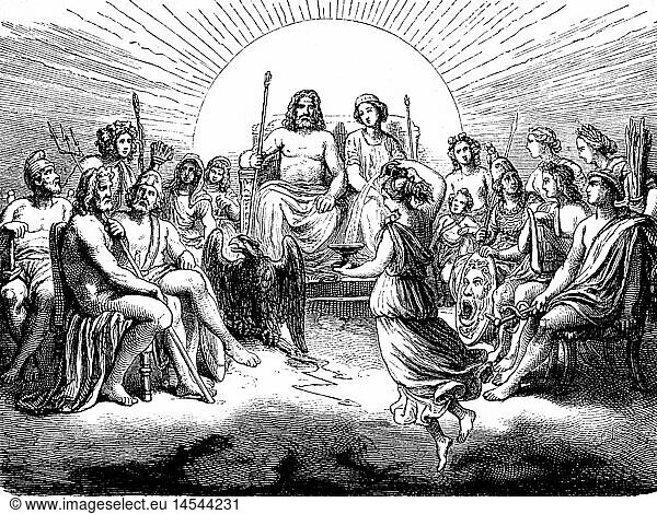 SG hist.  Religion  Antike  Griechische Mythologie  Versammlung der GÃ¶tter  Xylografie  19. Jahrhundert