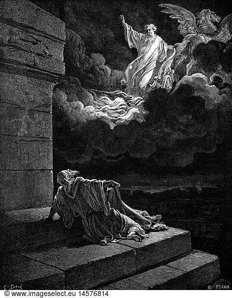 SG hist  Religion  Biblische Szenen  'Elias fÃ¤hrt im Feuerwagen'  Xylographie von Gustave Dore (1832 - 1883)