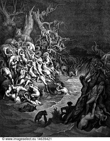 SG hist. Religion  Biblische Szenen  Sintflut  'Die SÃ¼ndflut: Das Steigen der GewÃ¤sser'  Xylographie von Gustave Dore (1832 - 1883)