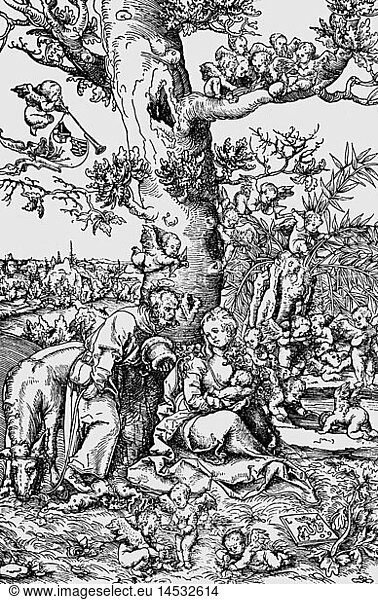 SG hist  Religion  Chistentum  Heilige Familie  'Ruhe auf der Flucht nach Ã„gypten'  Holzschnitt von Lucas Cranach der Ã„ltere  1509