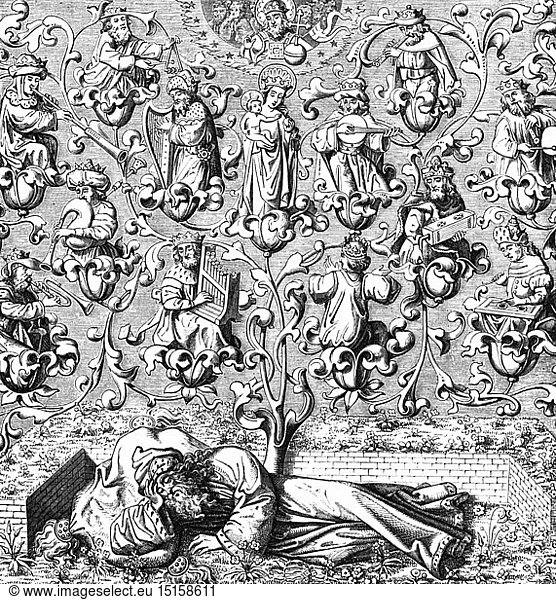 SG hist.  Religion  Christentum  Allegorie  Wurzel Jesse  nach Miniatur aus Brevier  15. Jahrhundert  Xylografie  19. Jahrhundert