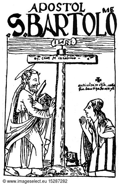 SG hist.  Religion  Christentum  Heilige  BartholomÃ¤us mit dem Kreuz von Carabuco  Zeichnung  aus: Felipe Waman Puma de Ayala  'Nueva cronica y buen gobierno'  1615